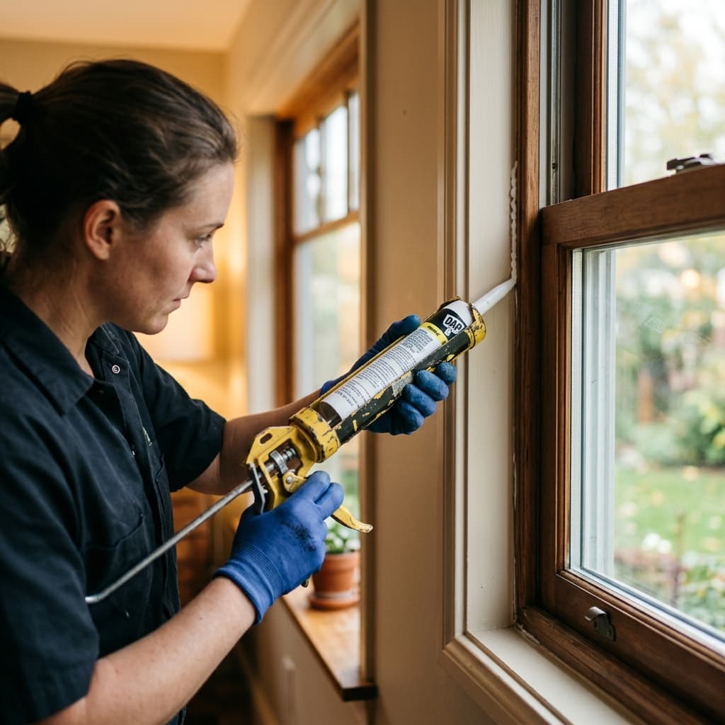 A hand using a caulk gun to seal a gap around a window frame, representing air sealing.
