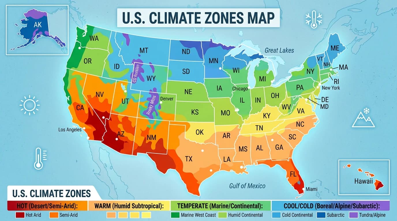 A map of the United States divided into different colored regions representing the DOE Climate Zones.