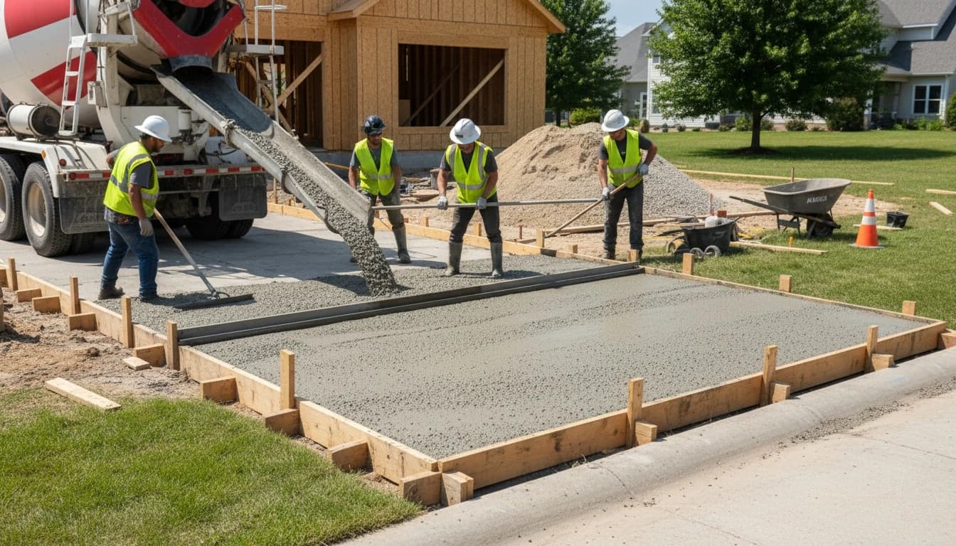 Wet concrete being poured and leveled for a new residential driveway project.