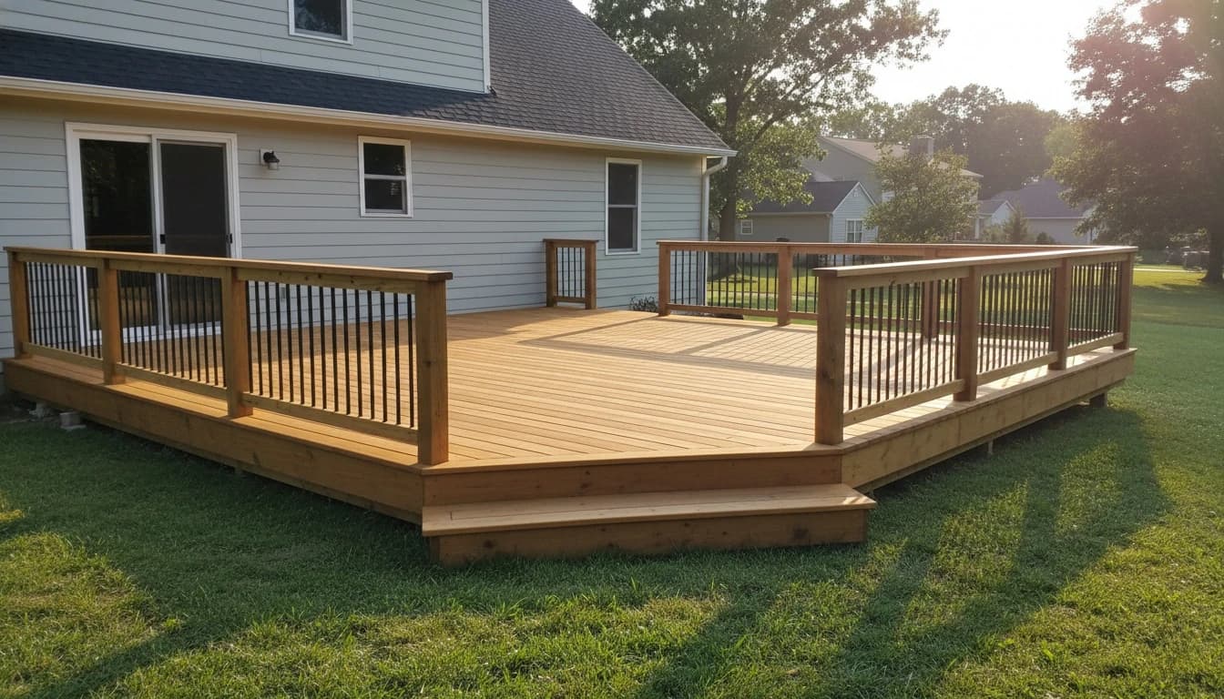 A newly built wooden deck overlooking a scenic backyard, showing proper construction.