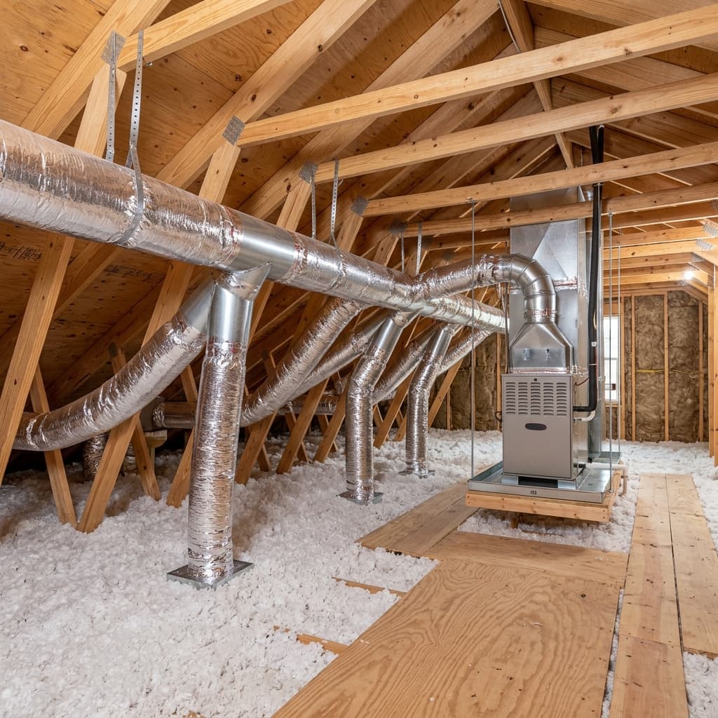 A schematic showing the complex design and airflow of an HVAC ductwork system.