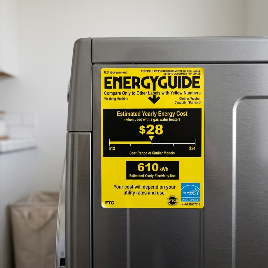 A yellow EnergyGuide label on an appliance, showing efficiency ratings like EER and SEER.