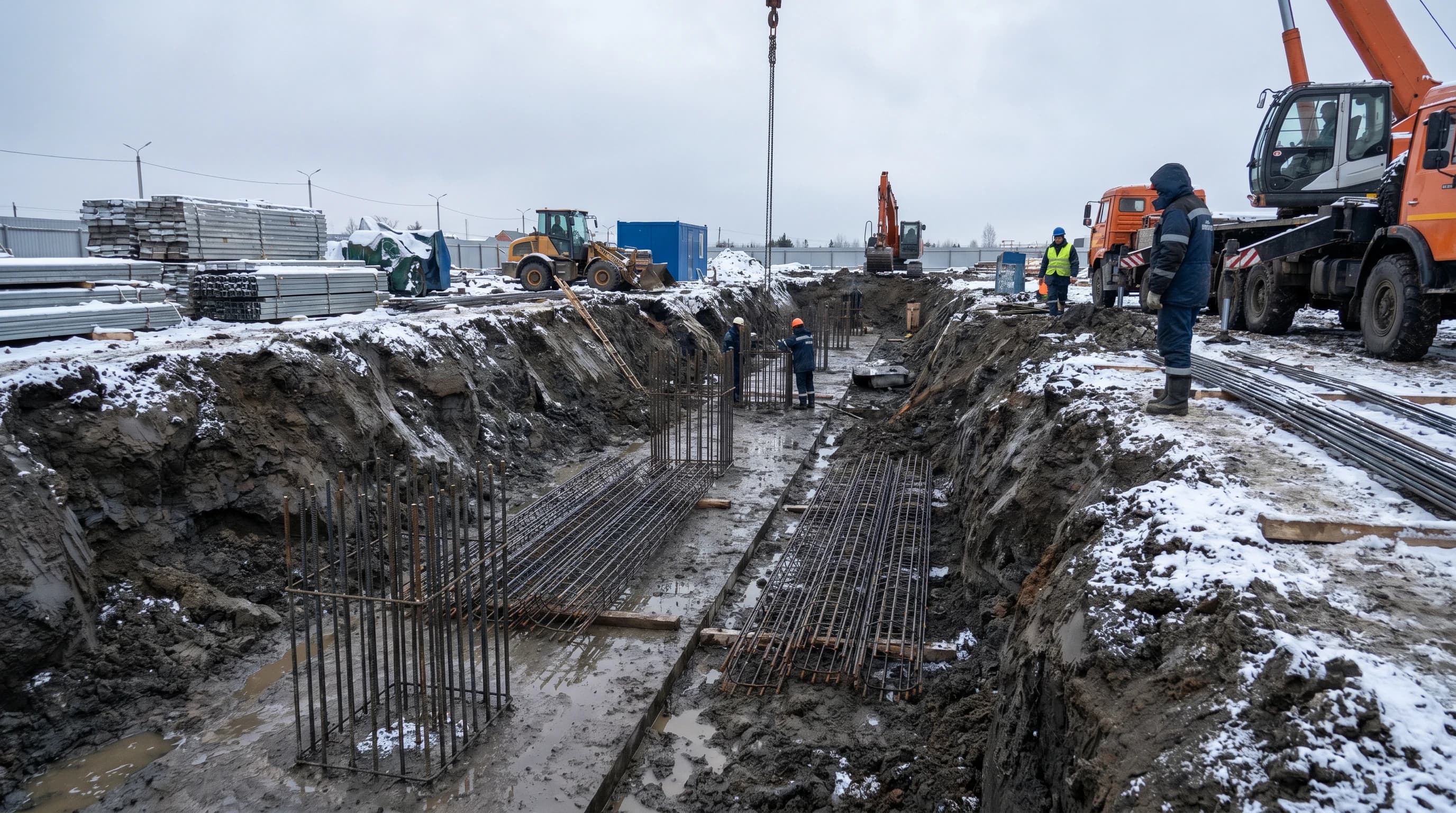 A construction site showing a deep, excavated trench with rebar for a concrete foundation in a cold-weather environment.