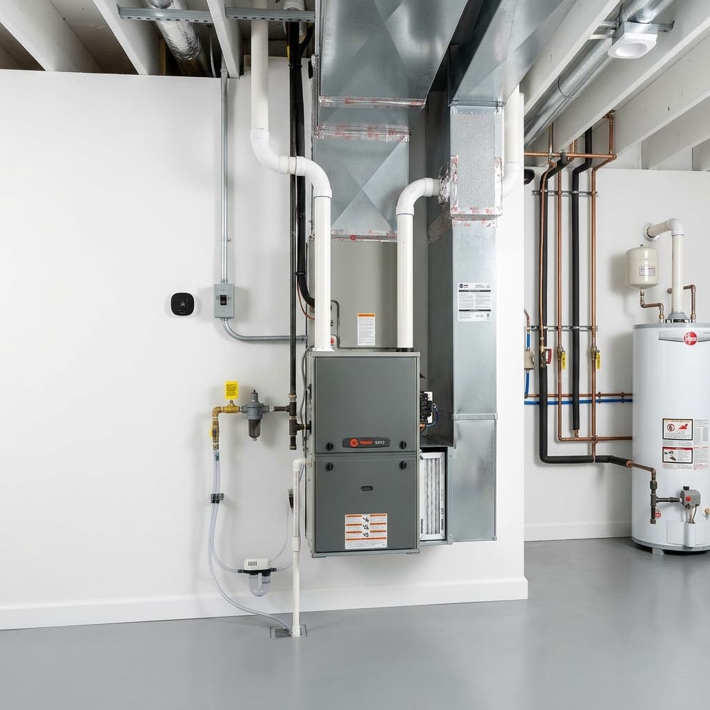 A modern high-efficiency gas furnace with its cover off, showing the internal components.