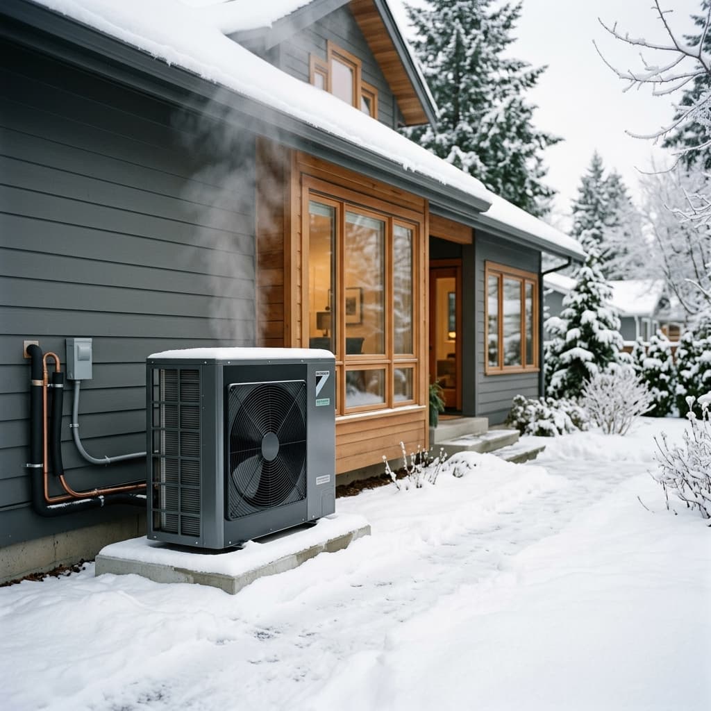 A thermostat showing a split screen, with a flame on one side and a snowflake on the other, symbolizing heating and cooling choices.