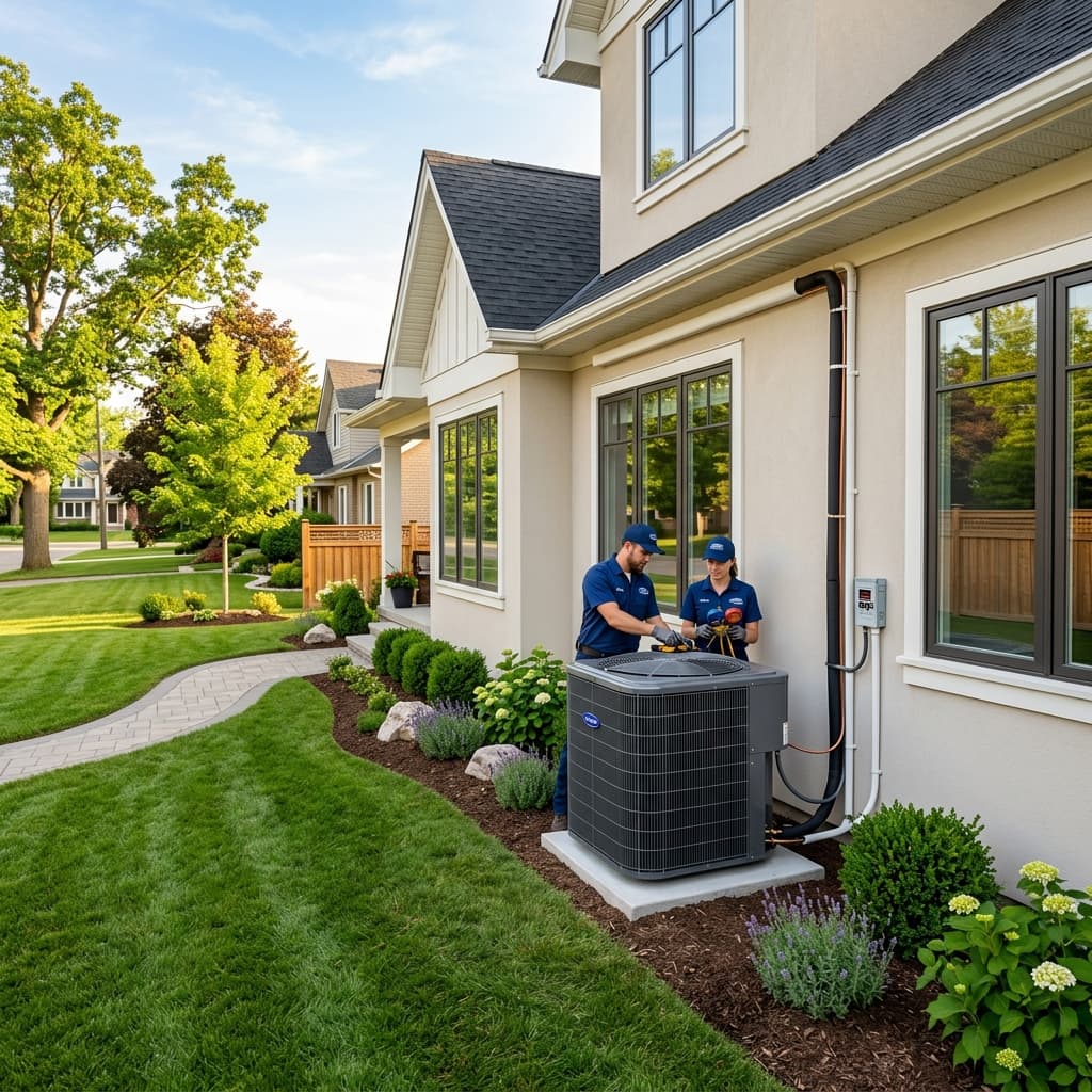 A modern HVAC system installation showing both indoor and outdoor units, representing proper system sizing.