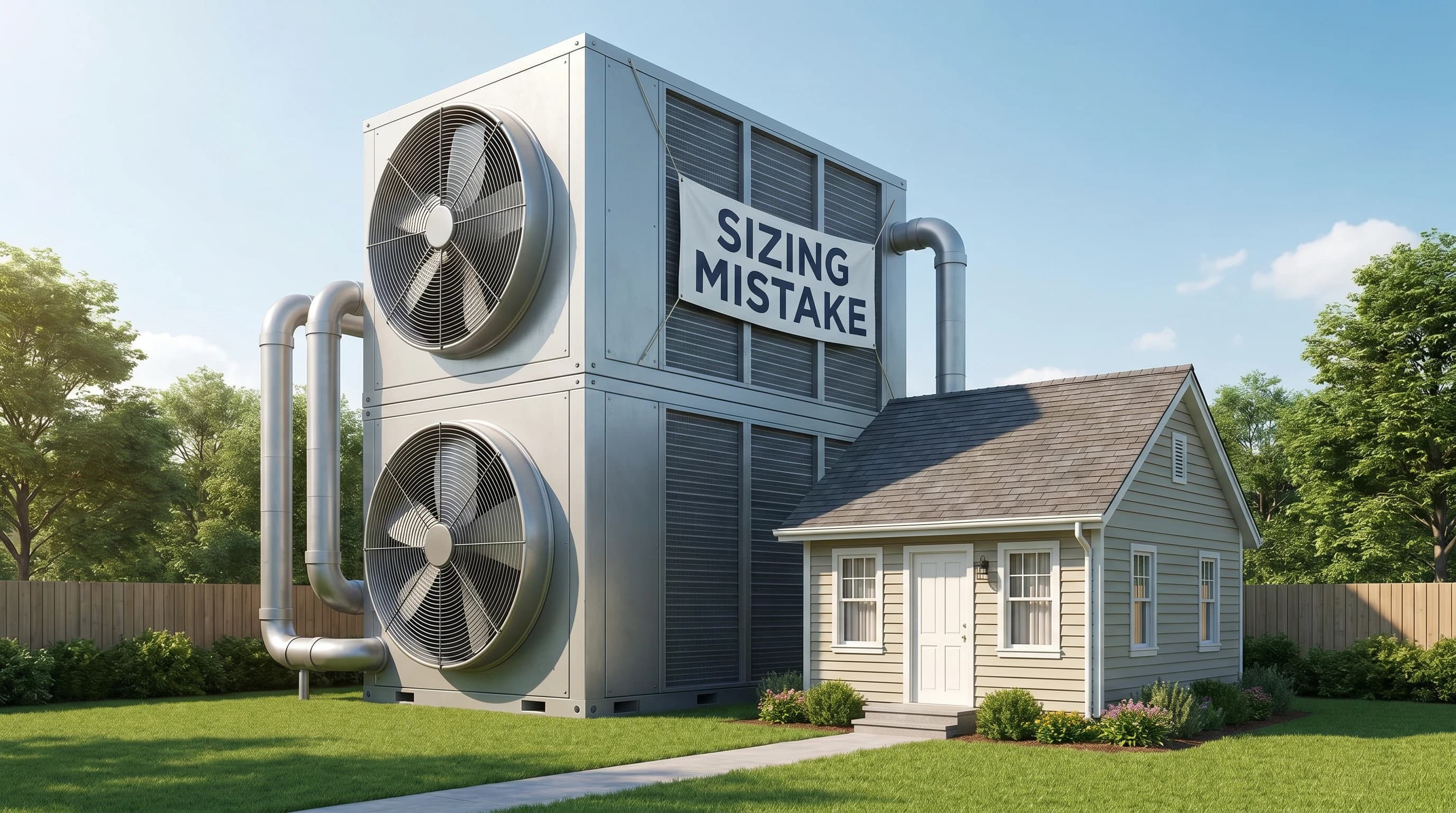 An oversized air conditioner next to a small house, illustrating a sizing mistake.