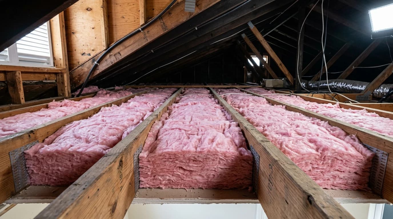 A cross-section of an attic showing deep, uniform insulation material.
