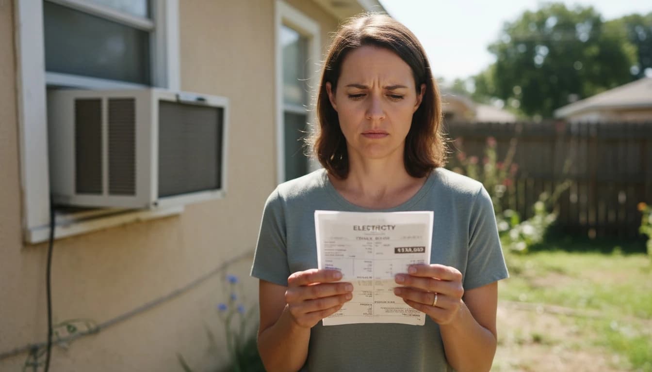A person holding a piggy bank and looking at an electricity bill, illustrating energy costs.
