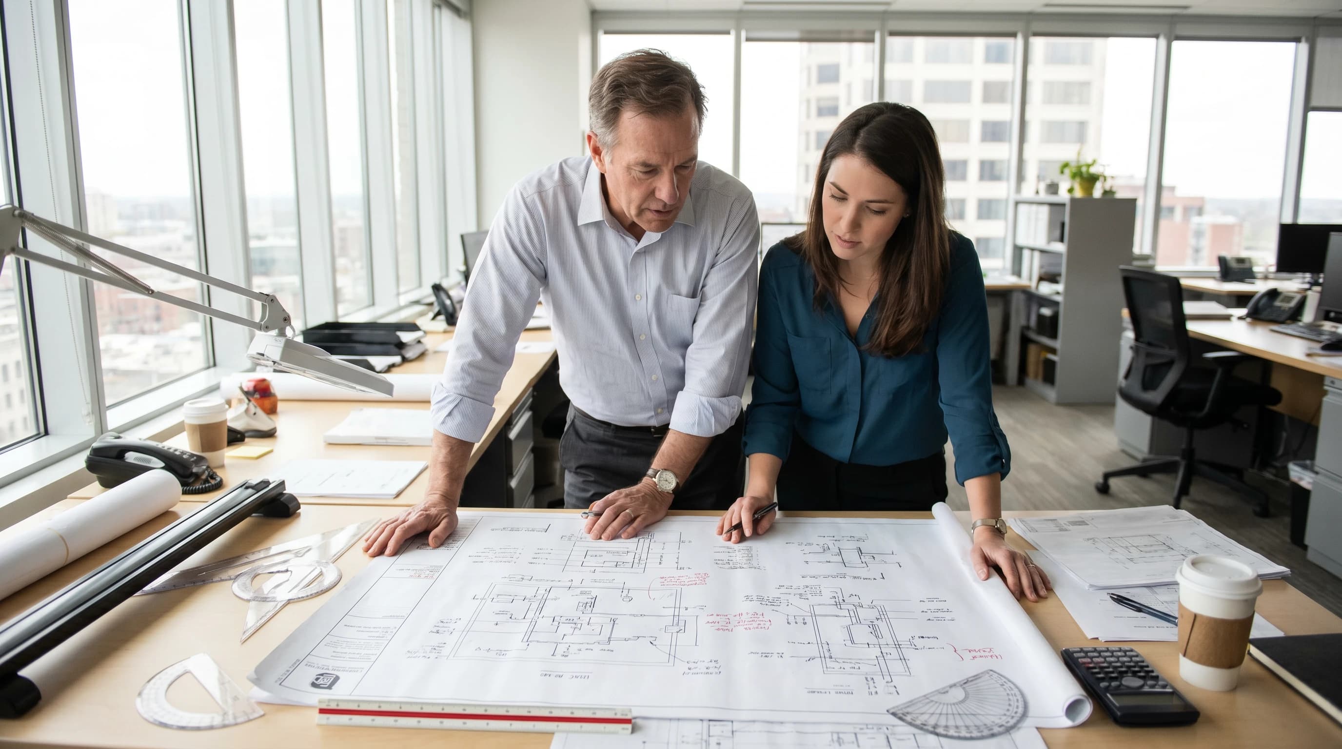 An architect reviewing blueprints with HVAC diagrams, representing a Manual J calculation.