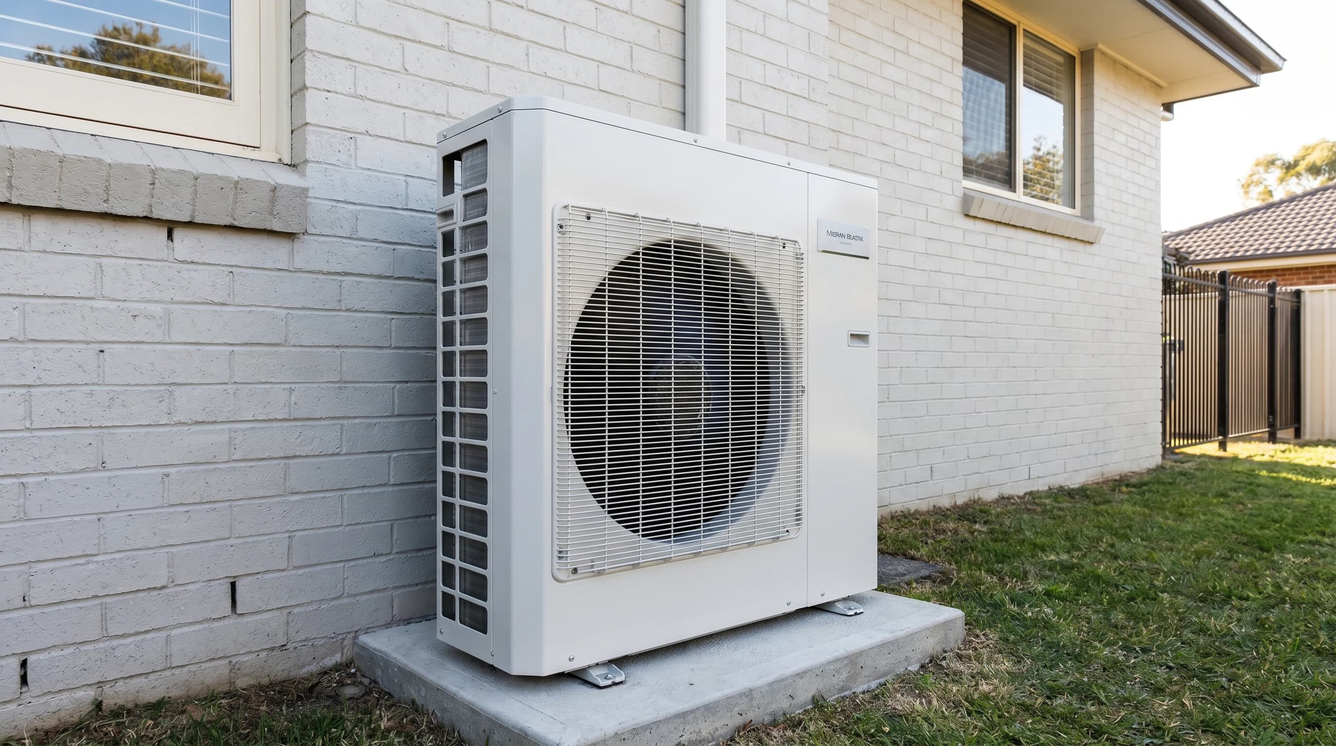 A close-up of a modern, clean air conditioner unit, symbolizing HVAC technology.