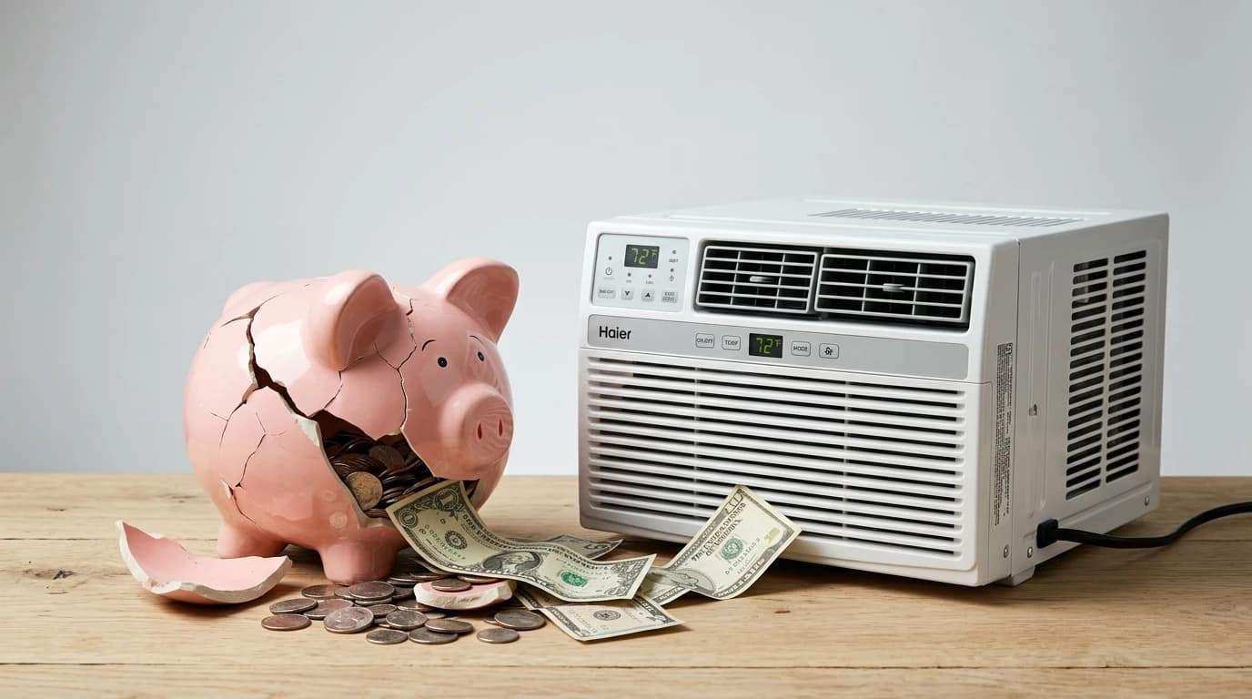 A piggy bank with a large crack in it, symbolizing the hidden financial costs of an oversized AC unit.