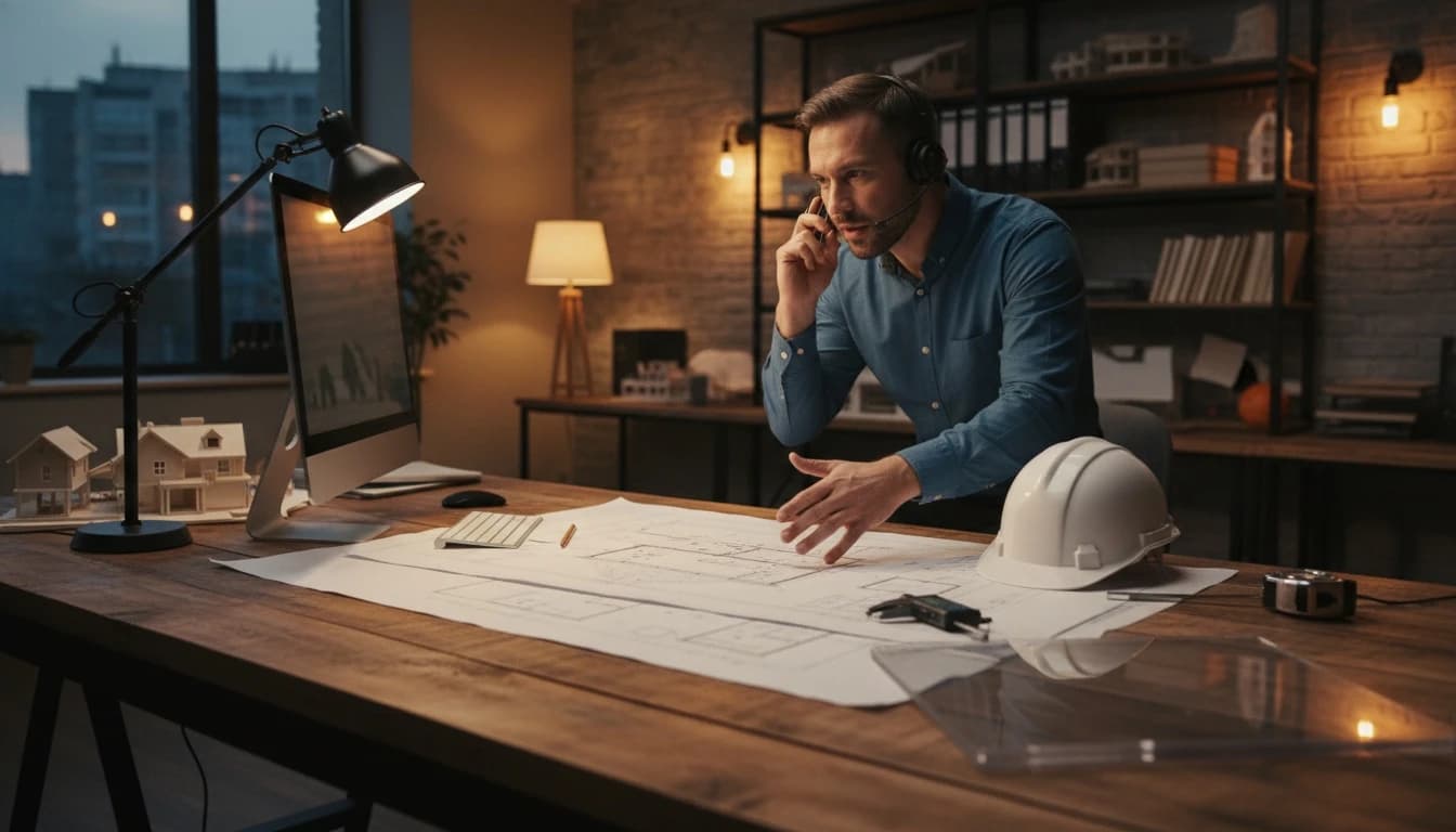 Professional architect reviewing blueprints — HomeCalc Pro Mission