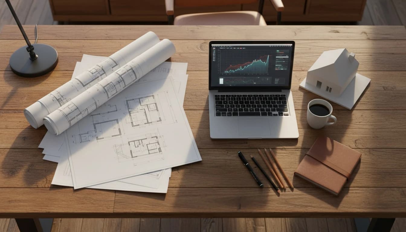 Architect's desk with blueprints and laptop - HomeCalc Pro Blog
