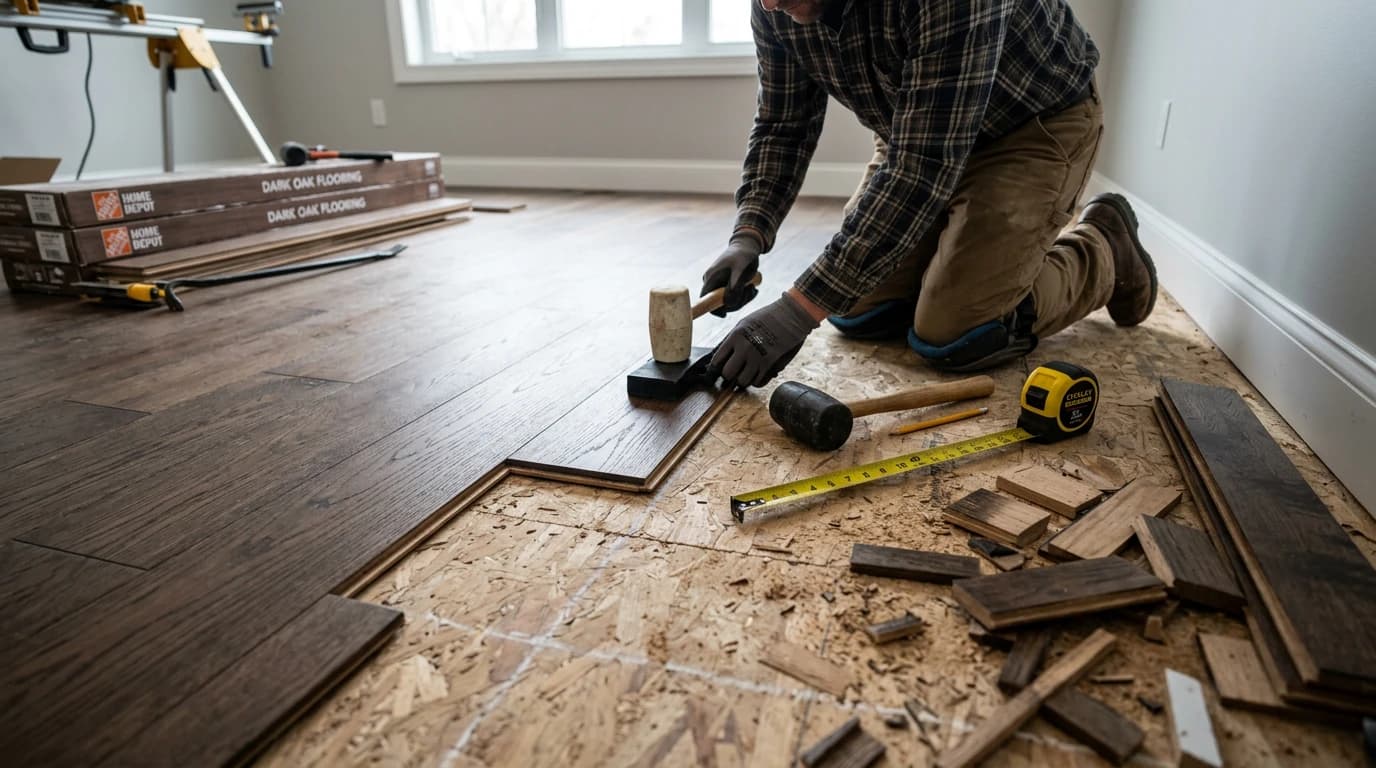 A tape measure and flooring planks, with small cut-off pieces illustrating the concept of flooring waste.