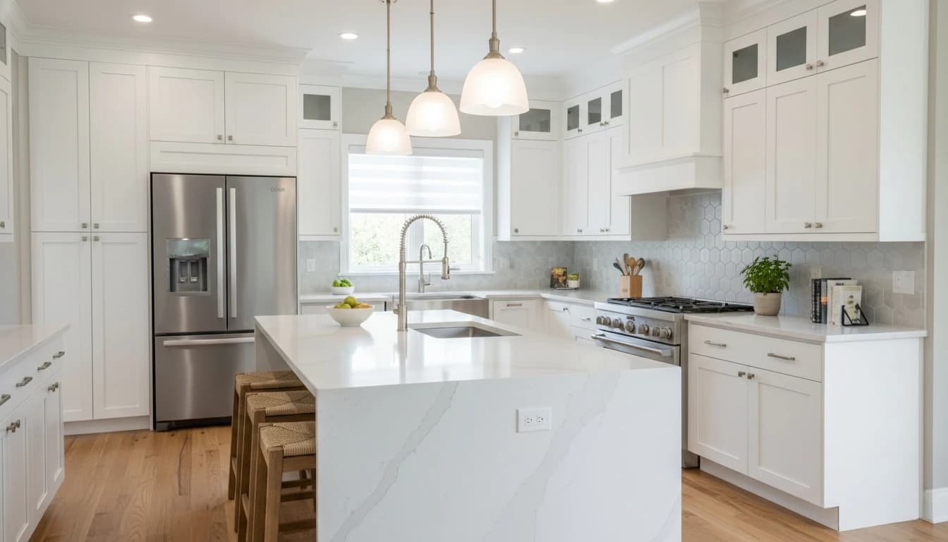 A modern designer kitchen featuring high-end cabinetry, quartz countertops, and smart appliances.