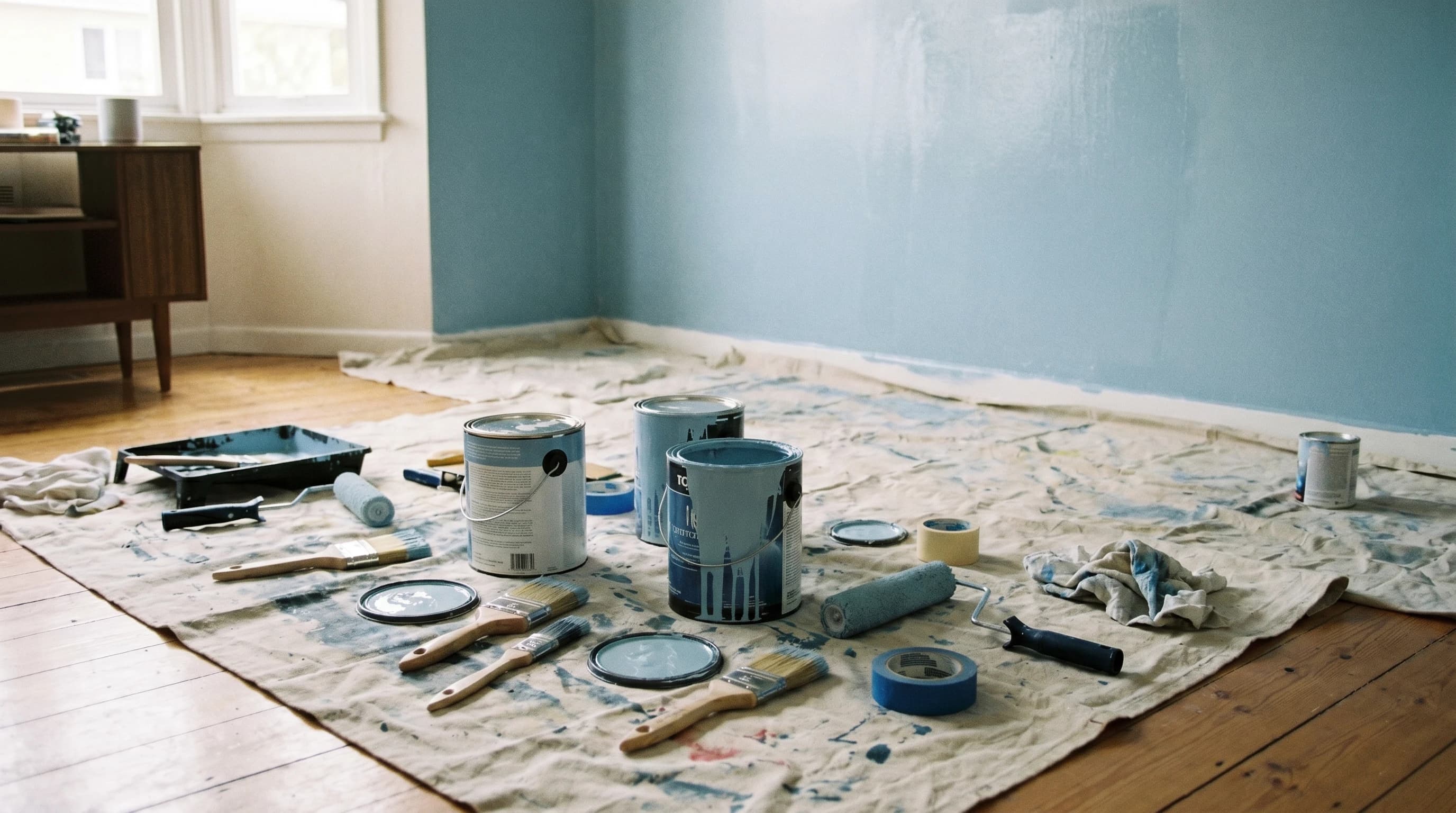 A can of paint with a brush resting on top, set against a freshly painted wall.
