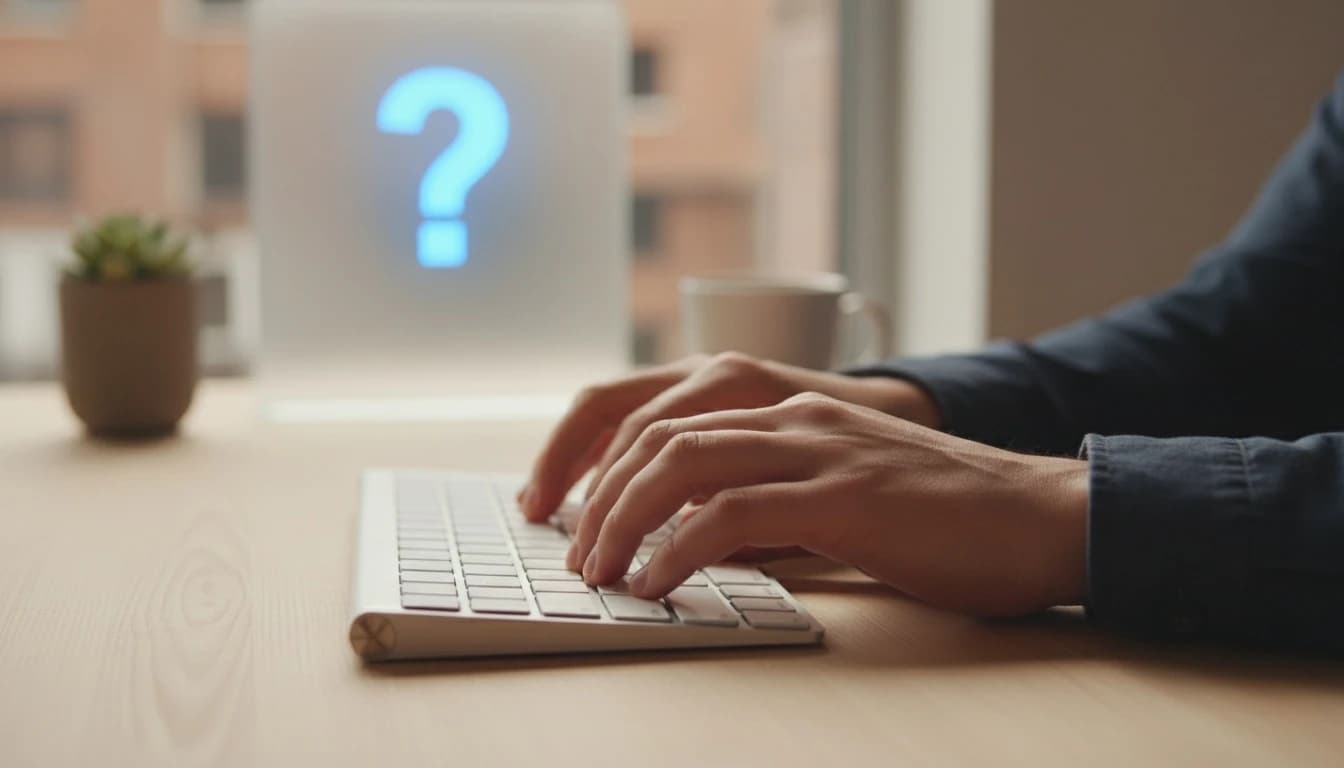 Typing on a keyboard with glowing question mark - HomeCalc Pro FAQ