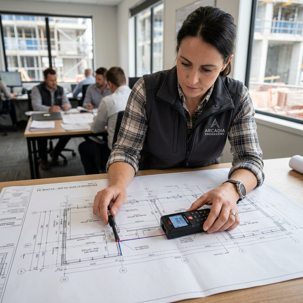 Professional contractor using precision measurement tools on a construction project